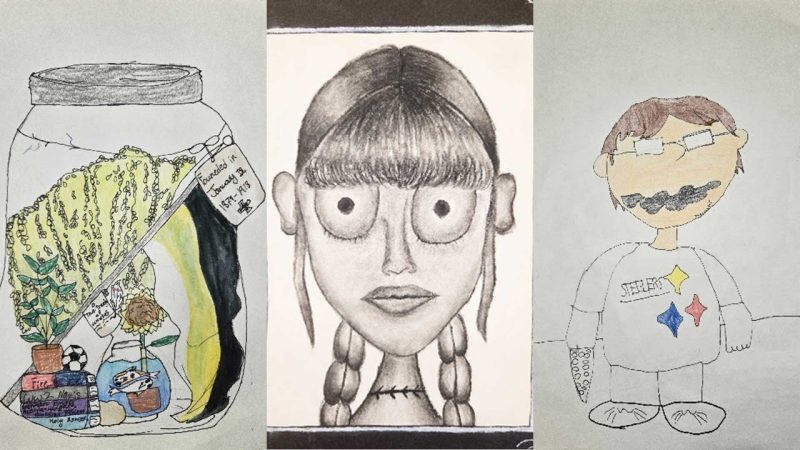 Sample student artwork on view at the Moss Arts Center as part of "Young Artists: Layers of Me," featuring Shawsville Middle School art students.