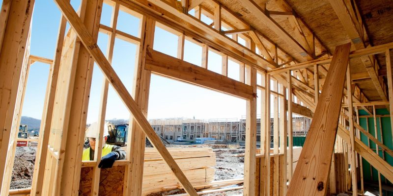 Interior framing of an apartment being constructed.