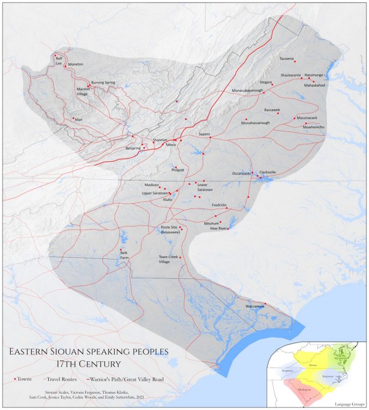 A language map of Eastern Siouan Speaking Peoples during the 17th century. Courtesy of Stewart Scales.