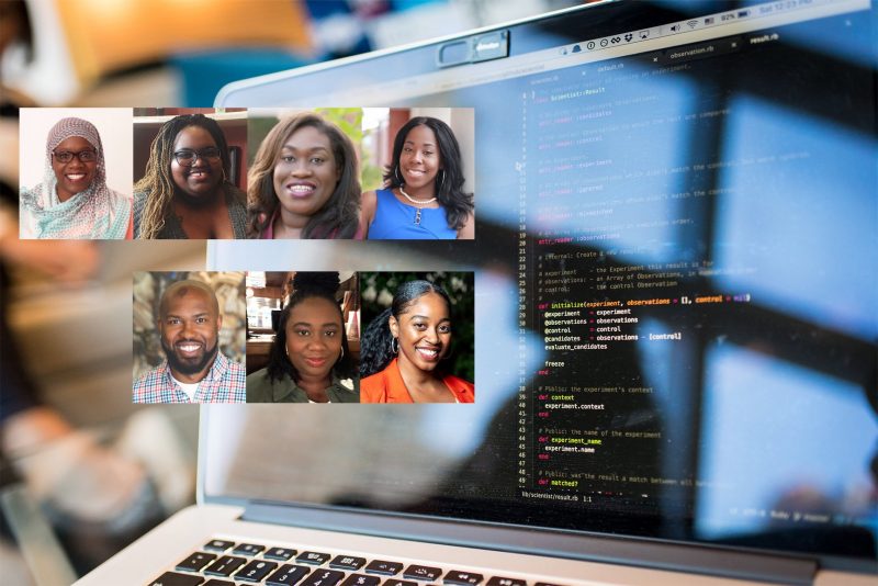 Black Technical and Professional Communication speaker photos superimposed over a computer background