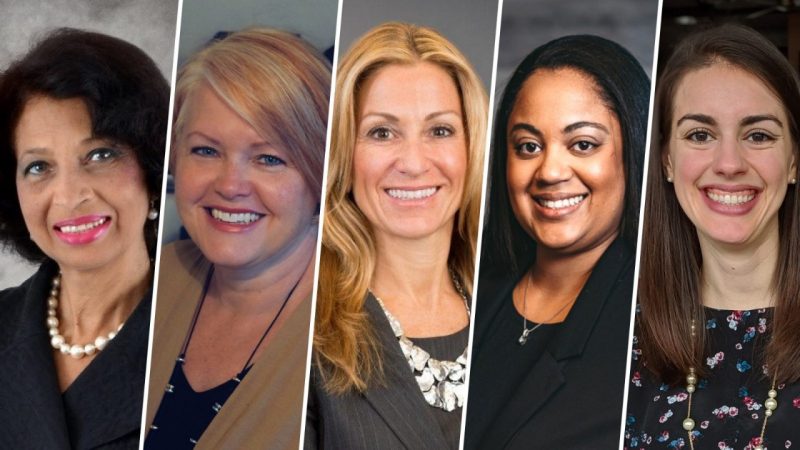 100 Years of Women at Virginia Tech panelists: From left: Dr. Linda Edmonds Turner '70, Denise (Shuster) Greenfield '88, Tracy Castle-Newman '90, Robyn Jones '05, Camille (DaDamio) Siskoy '11