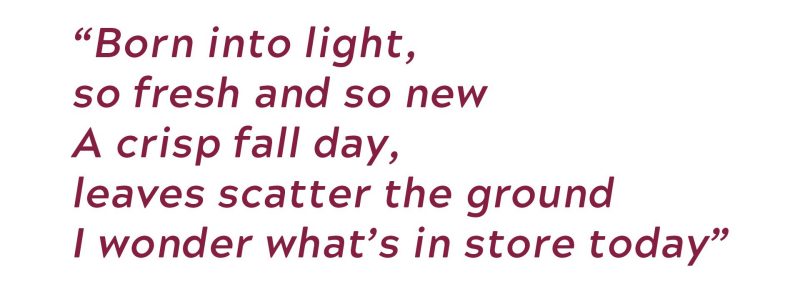 Born into light, so fresh and so new. A crisp fall day, leaves scatter the ground. I wonder what's in store today.