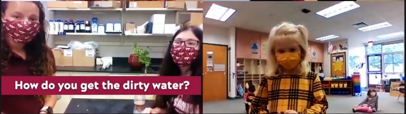 A screenshot from the lab of Leigh Ann Krometis, an associate professor in the Department of Biological Systems Engineering. Pictured at left are Virginia tech undergraduate students Hannah Paton and Thea Torrisi, at right is a young girl interested in STEM.