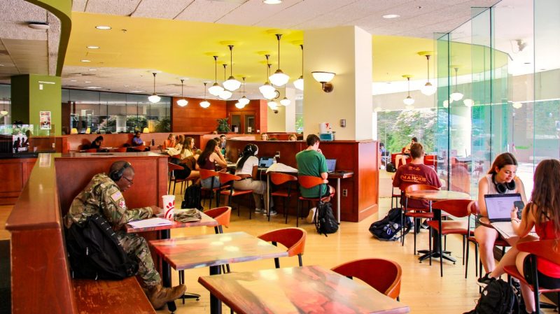 students working on laptops in a coffee shop