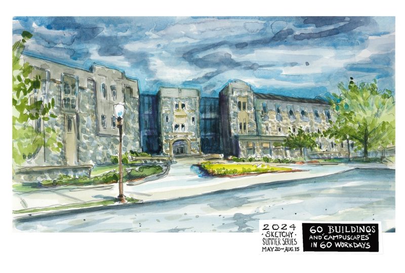 Watercolor sketch of Steger Hall