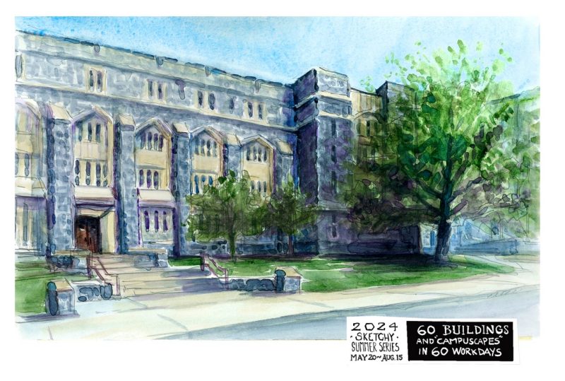 Watercolor sketch of Hutcheson Hall