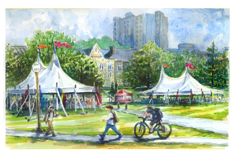 watercolor sketch of the study abroad fair on the drillfield