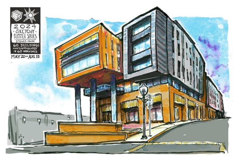 Ink and watercolor and digital color sketch of Gilbert Place