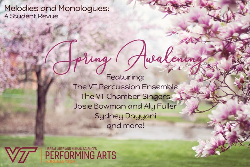 A background photo of trees with pink blossoms, and the text Melodies and Monologues: A Student Revue - Spring Awakening